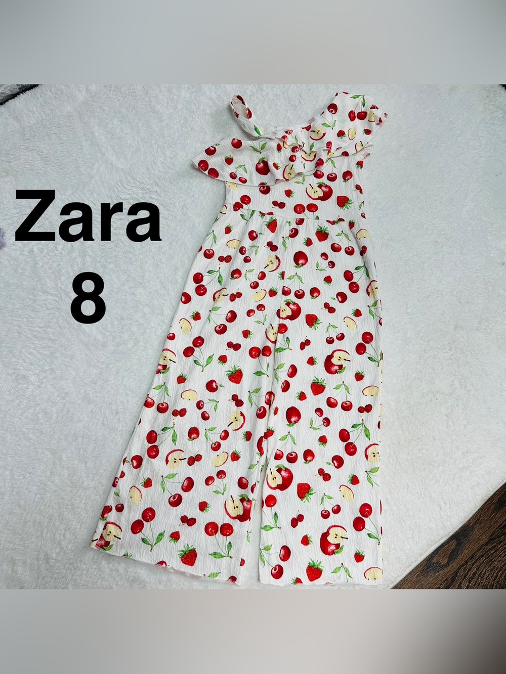 ZARA Girls Jumpsuit White With Fruit & Berries apples Size 8 Wide Bottom